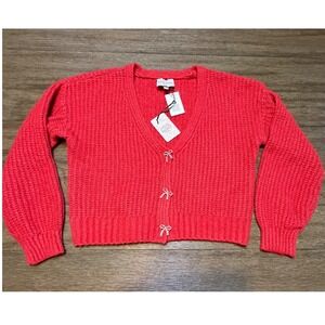 Pink Rose Cherry Red Bow Button Cardigan Sweater Womens Medium NWT 5S45082